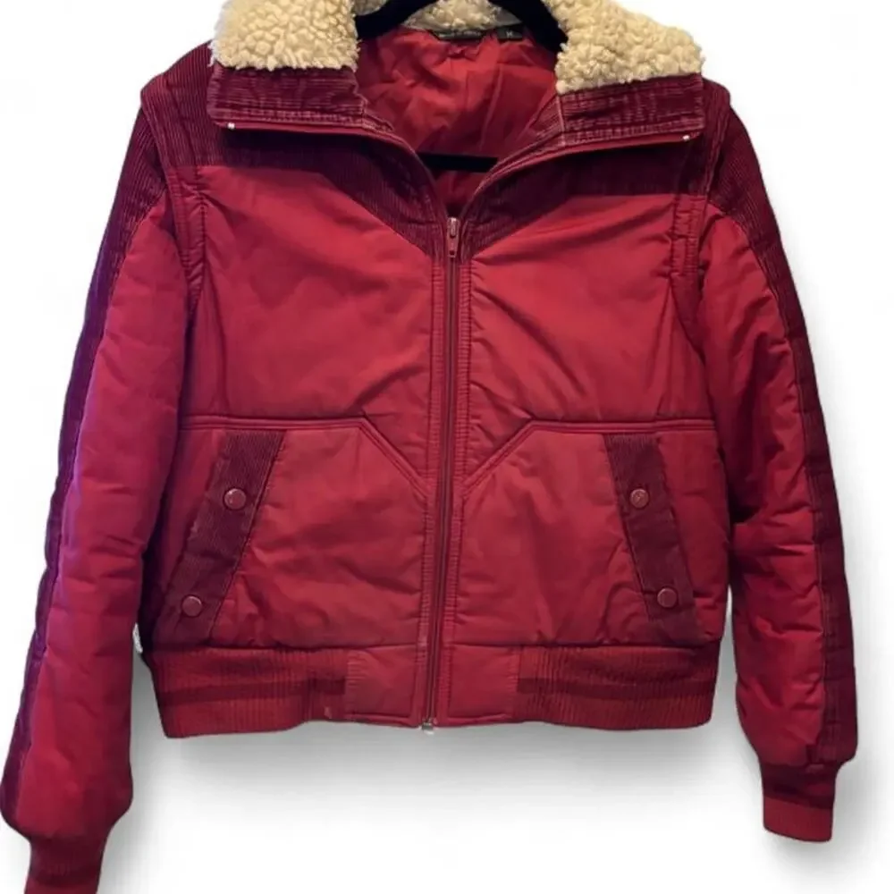 Vintage 60s/70s Burgundy Convertible Puffer Vest Jacket Sherpa Collar